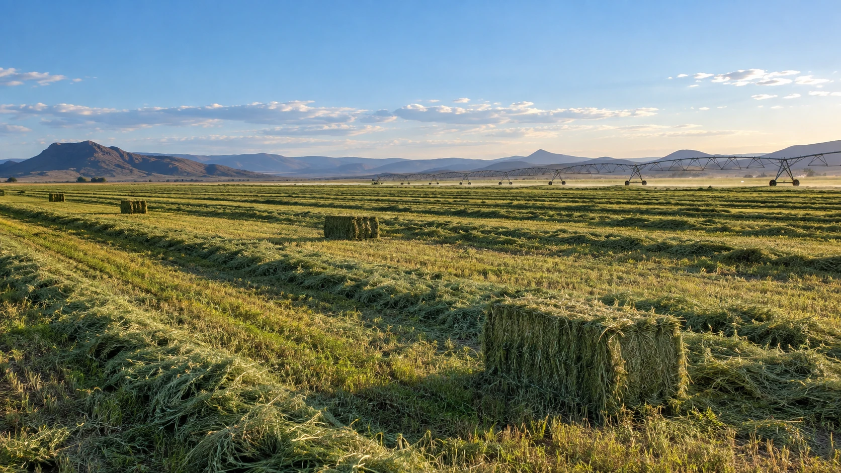 Conceptual lucerne field with rows of harvested forage